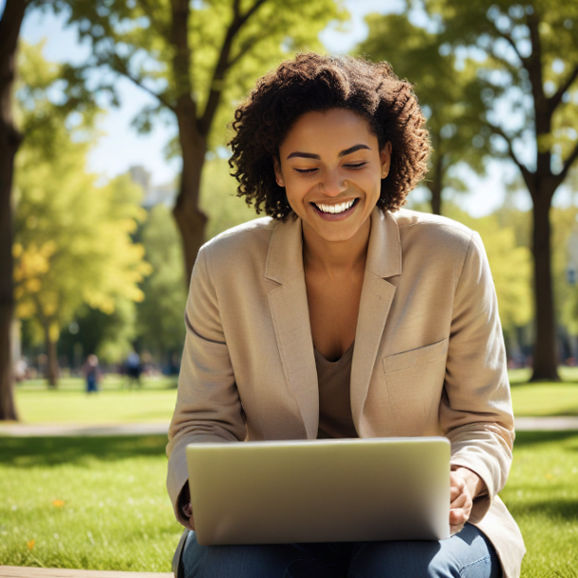 A person smiling while using a laptop at a sunny park, excitedly discovering new investment opportunities.