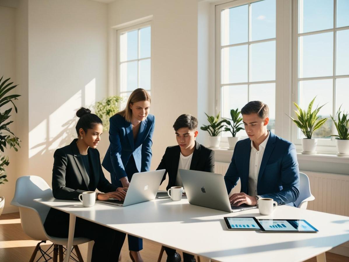 A group of people browsing finance websites in a cozy, sunlit home office setting.