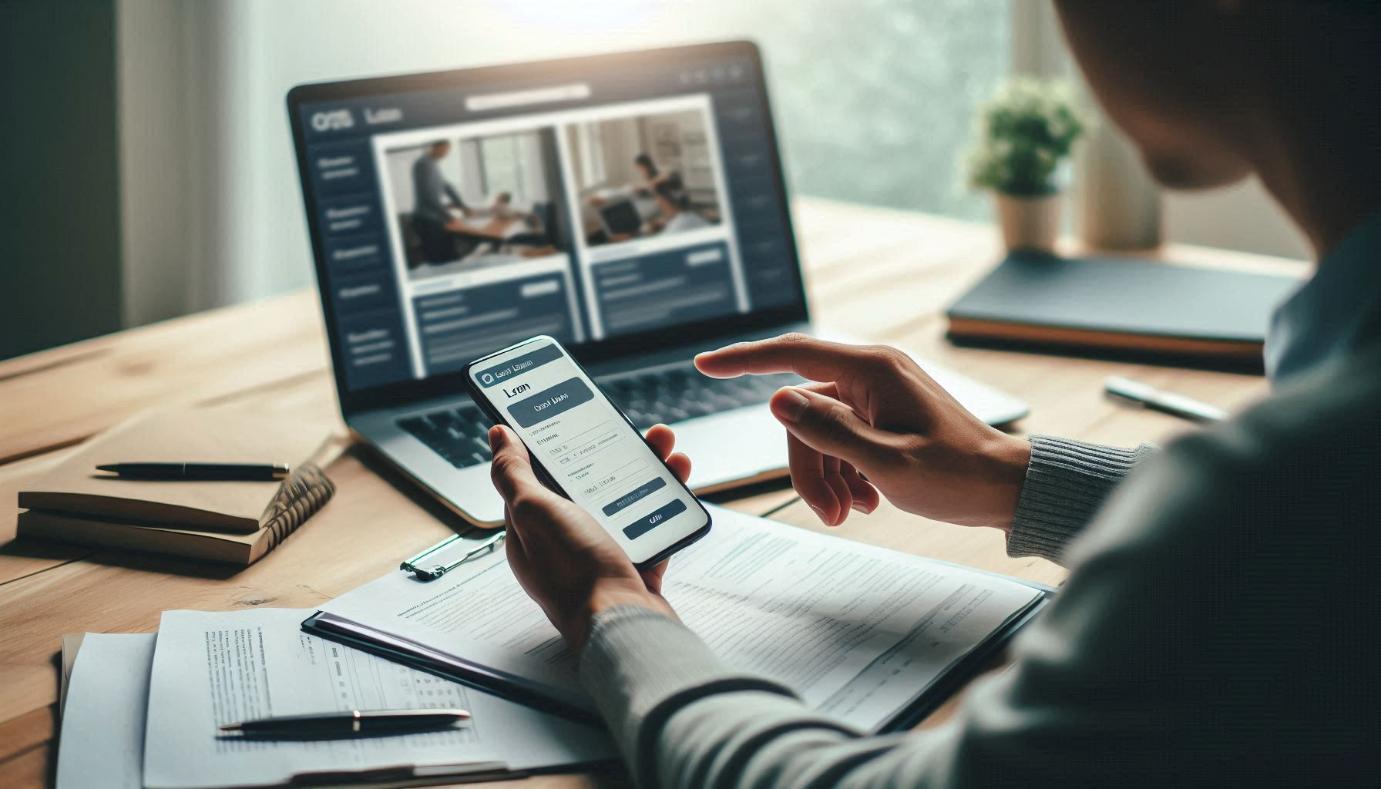 Person applying for a small loan online in a modern, home workspace.