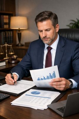 attorney in a tailored suit reviewing financial documents
