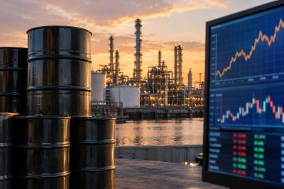 Oil Barrels, Refinery, and Market Charts